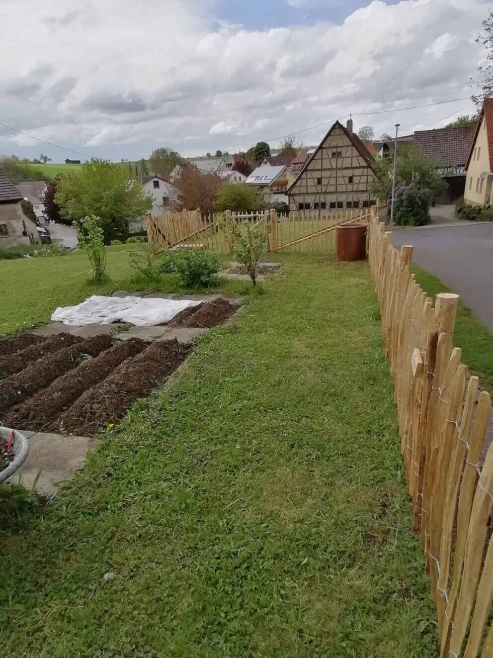 Clôture ganivielle française en bois de châtaignier de 80 cm de hauteur et avec un espacement de 6 cm. entre les lattes. Clôture autour du potager.