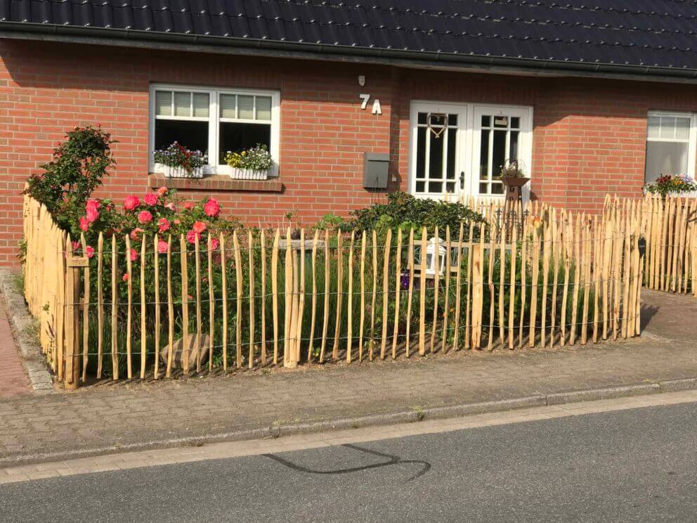 Clôture ganivielle française en bois de châtaignier de 100 cm de hauteur et avec un espacement de 6 cm. entre les lattes.