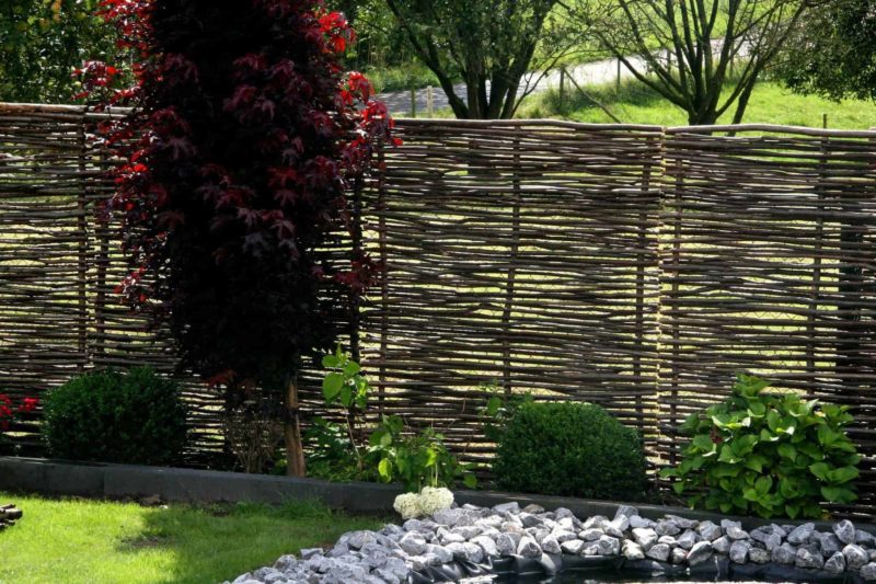 Somme 1 hazelaarschermen gebruikt als tuinafrastering.