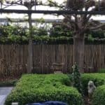 Rasterscherm 175 cm hoog met latafstand 2 cm als afscheiding in de tuin bij een heg.