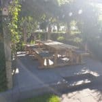 Kastanje picknick tafel 300Lx200B + boomstambank 200L Adequat