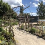 Een koepel vormige doorgang van wilgentenen gemaakt in een moestuin. Op de foto is veel groen te zien en de wilgentenen gaan mooi op in de omgeving.