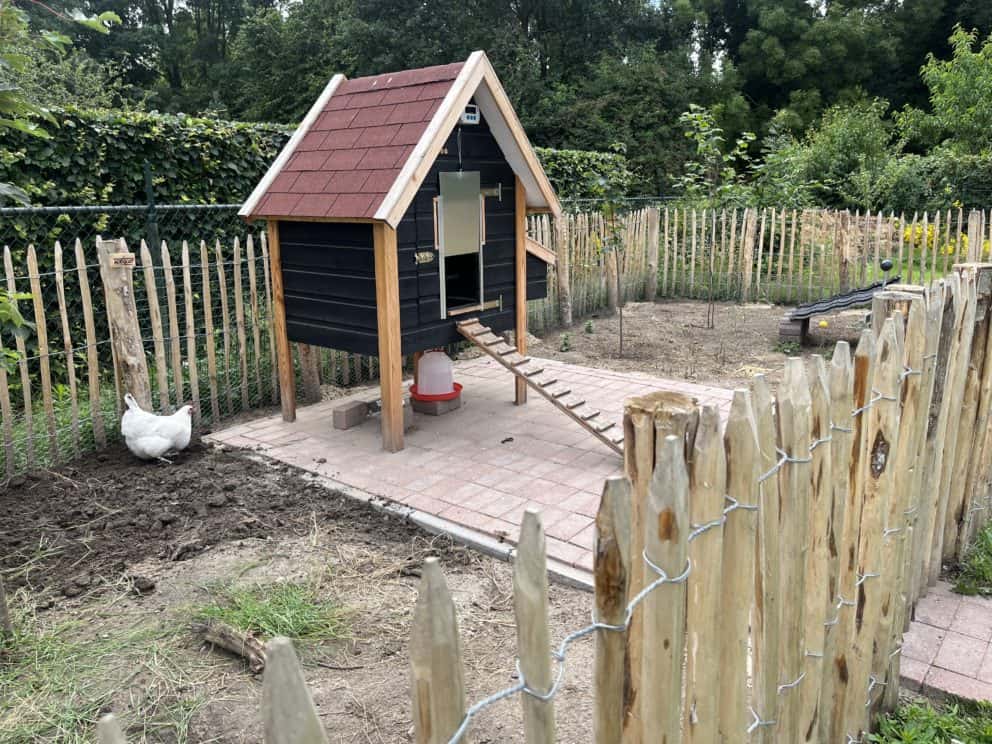 Frans schapenhek an 100 cm hoog met een latafstand van 6 cm met kastanje palen van 175 cm lang en diameter 7/9 eb 10/12 met een Franse rondhoutpoort van 80 cm breed bij 100 cm hoog als toegang naar de kippenren en moestuin