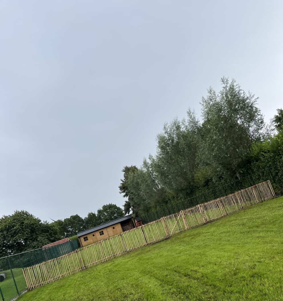 Ezelweide met een dubbele franse raamwerkpoort van 120 breed bij 120 hoog en kastanje palen met diameter 7-9 en lengte 200 en 250 cm bekleed met rasterlatten van 120 cm lang en 1/4 gepunt.
