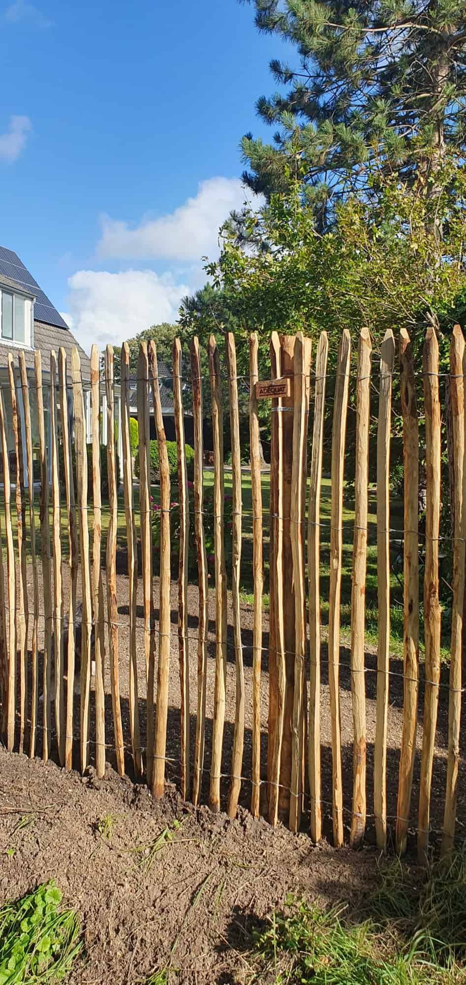 Frans schapenhek van 175 cm hoog met een latafstand van 4 cm met ongepunten kastanje palen van 250 cm lang met een diameter van 13/16 cm asl afrastering in de tuin.