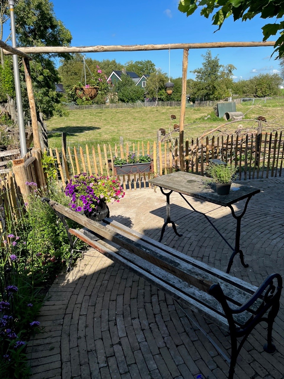 Frans kastanje schapenhek 80 cm, latafstand 4 cm en stellage van palen met een diameter van 7-9 cm in de lengte 300 en 500 cm