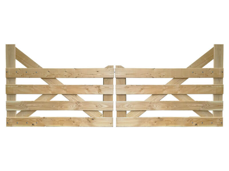 Weidepoort van kasdtanje hout met 4 niveau's planken, trekboom, dubbel, vooraanzicht